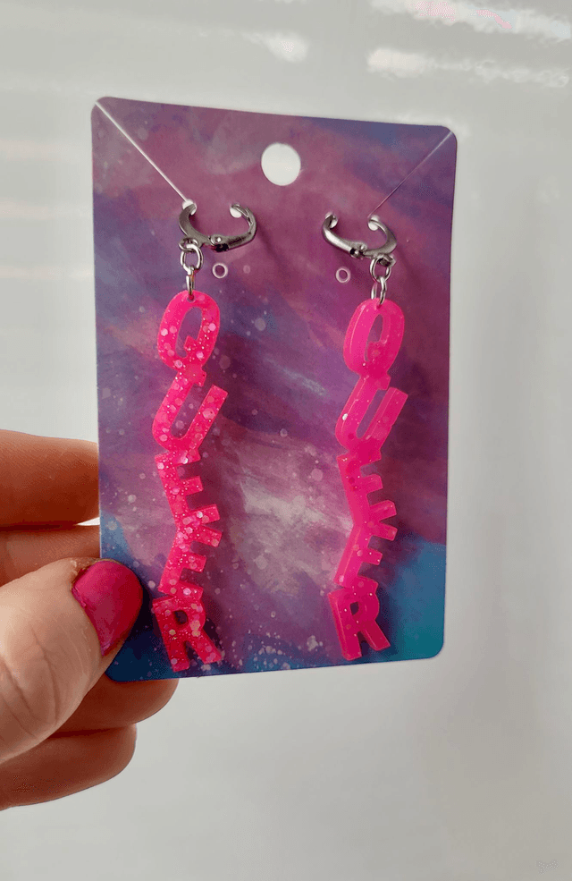 Earrings- Bright Pink Glitter QUEER Earrings | Stainless Steel Leverback Hoops