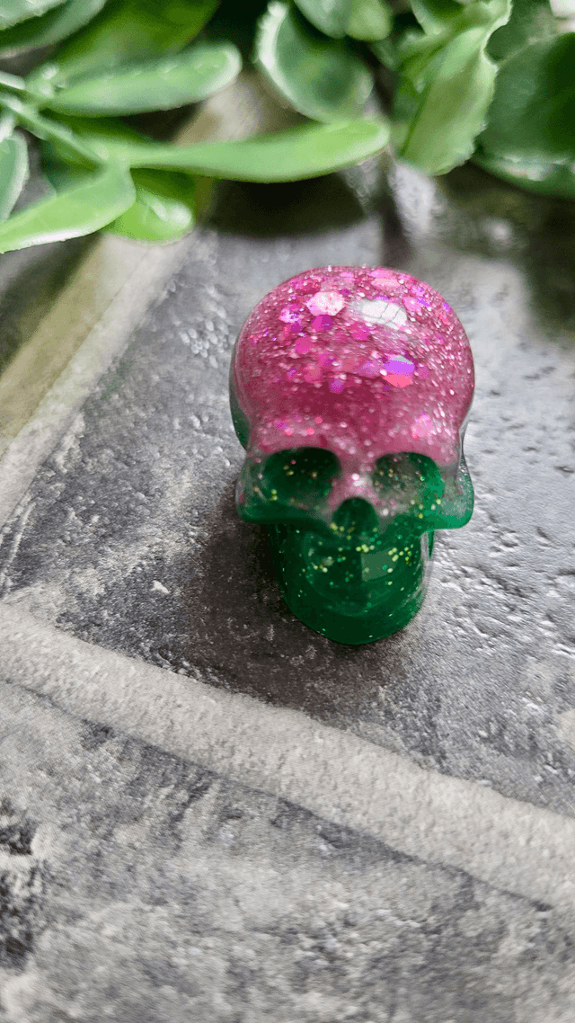 Skull Ornament - Mini - Pink and Green Glitter