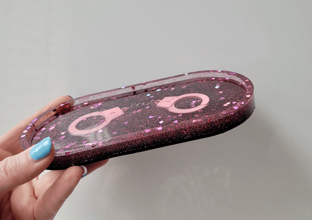 Trinket Tray - Pink Glitter Hearts and Handcuffs