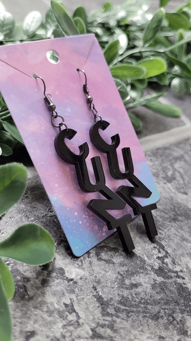 Earrings- Black CUNT Swear Earrings | Stainless Steel Gunmetal Hooks