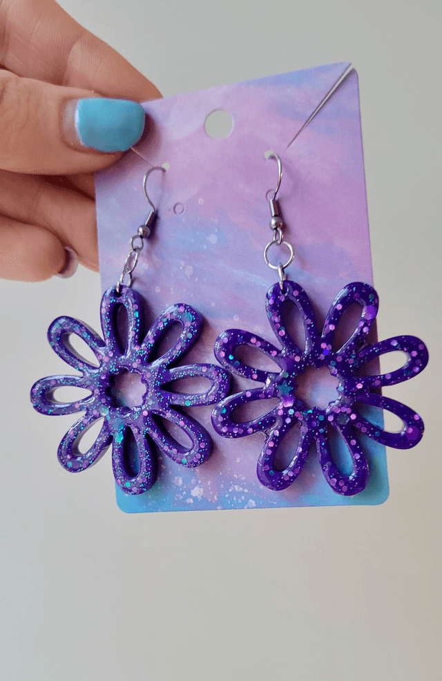 Earrings | Purple Glitter Flowers | Stainless Steel Shepherd Hooks
