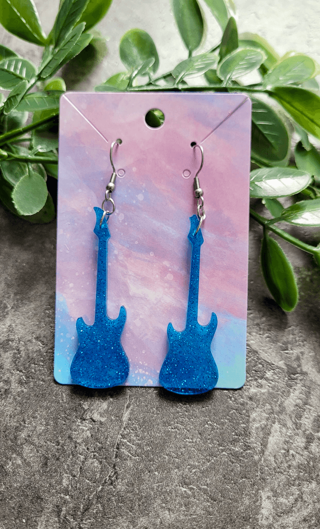 Earrings | Blue Glitter Guitars | Stainless Steel Hooks