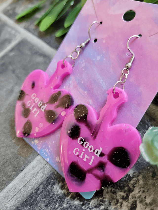 Earrings | Good Girl Heart Paddle Earrings - Pink and Black Swirl Glitter  | Stainless Steel Hooks