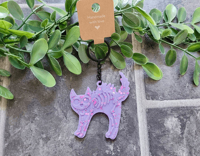 Purple Glitter Skeleton Cat Keychain - Hellcat Keyring