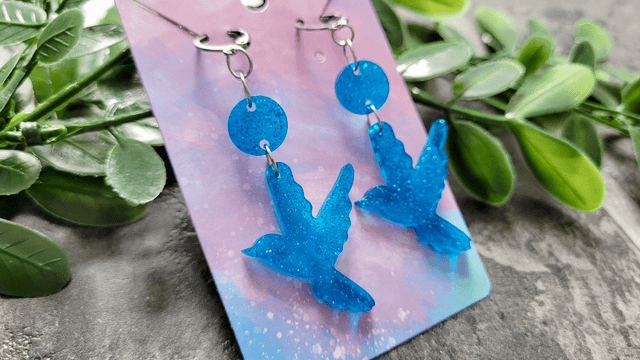 Earrings | Blue Glitter Swallow Birds | Stainless Steel Hoops