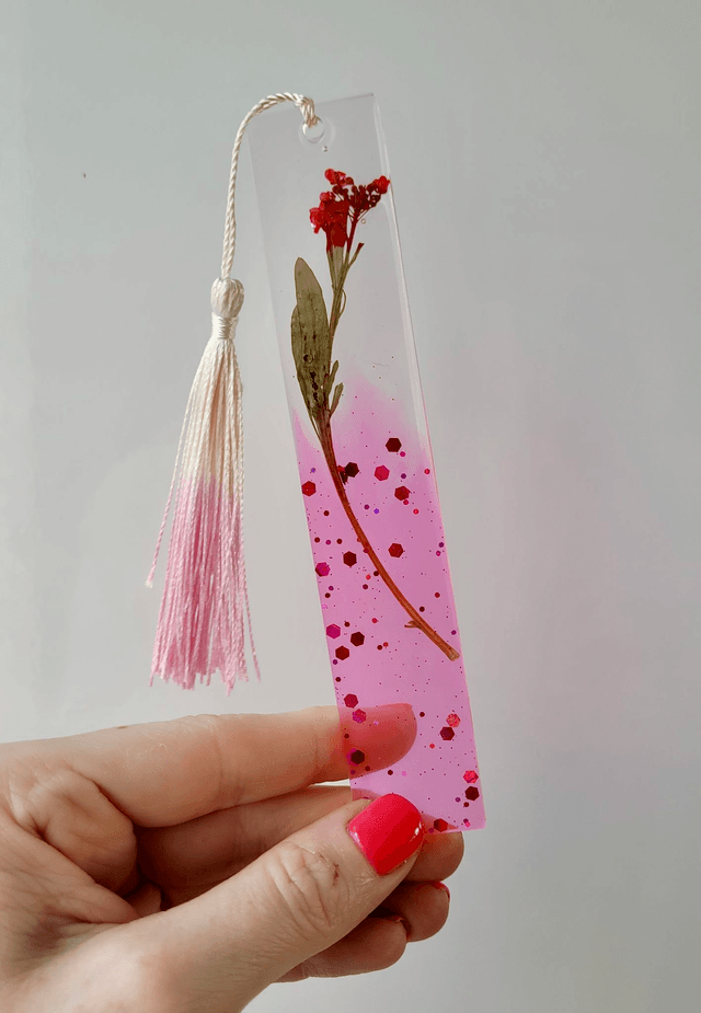 Pink Glitter Floral Bookmark - Dried Flowers