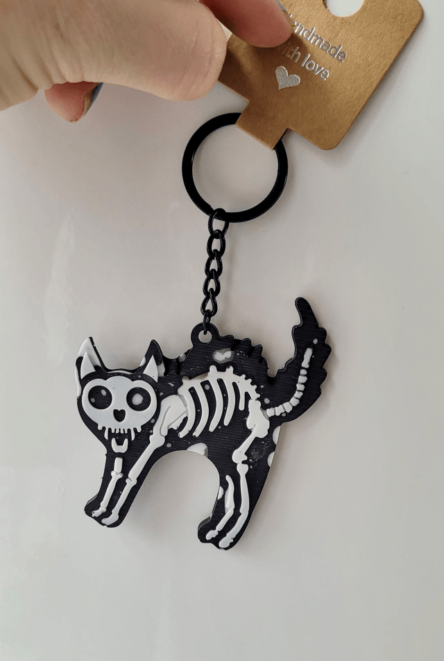Black & White Glitter Skeleton Cat Keychain - Hellcat Keyring (1)