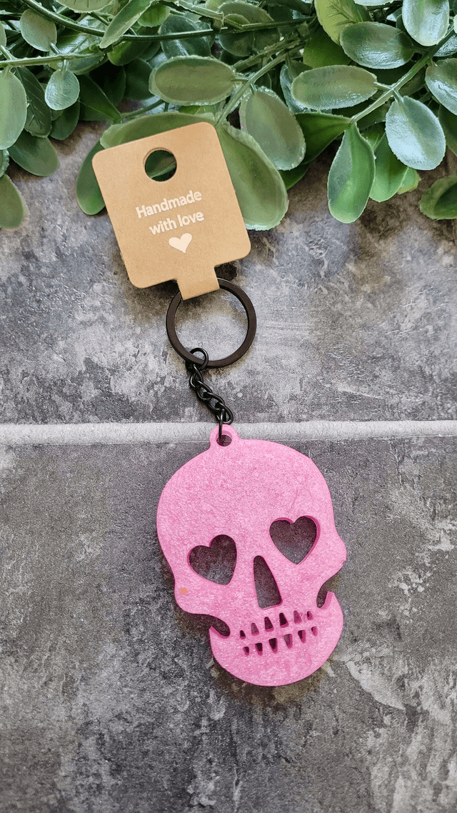 Light Pink Glitter Shimmer Skull with Heart Eyes, Black Keychain Keyring