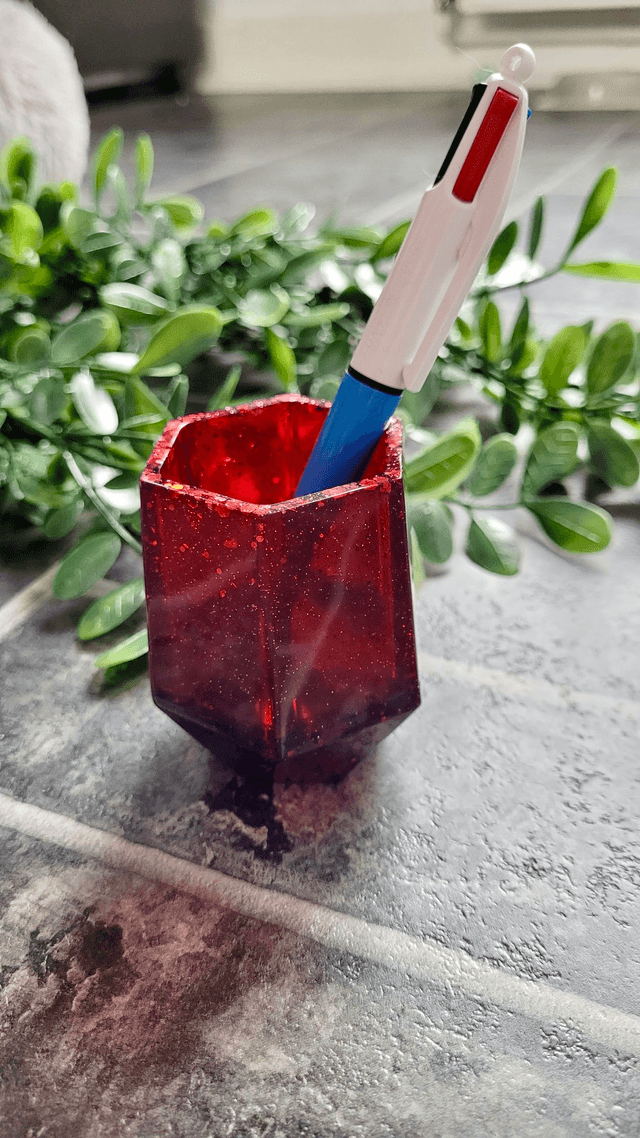 Pencil Pot - Dark Red Glitter Resin Pot – Hexagonal Holder for Pens, Brushes, or Makeup