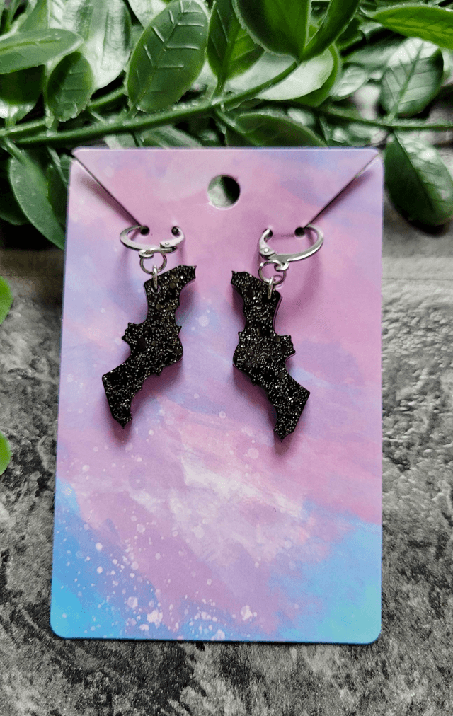 Earrings | Glittery Bats - Black Bats with Silver Glitter Sparkle | Stainless Steel Hoops