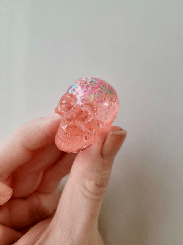 Skull Ornament - Mini - Peachy Pink with Holographic Stars 