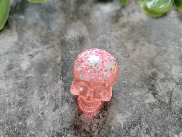 Skull Ornament - Mini - Peachy Pink with Holographic Stars 