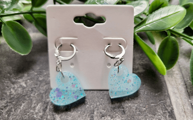 Earrings | Blue-White Glitter Hearts | Stainless Steel Hoops