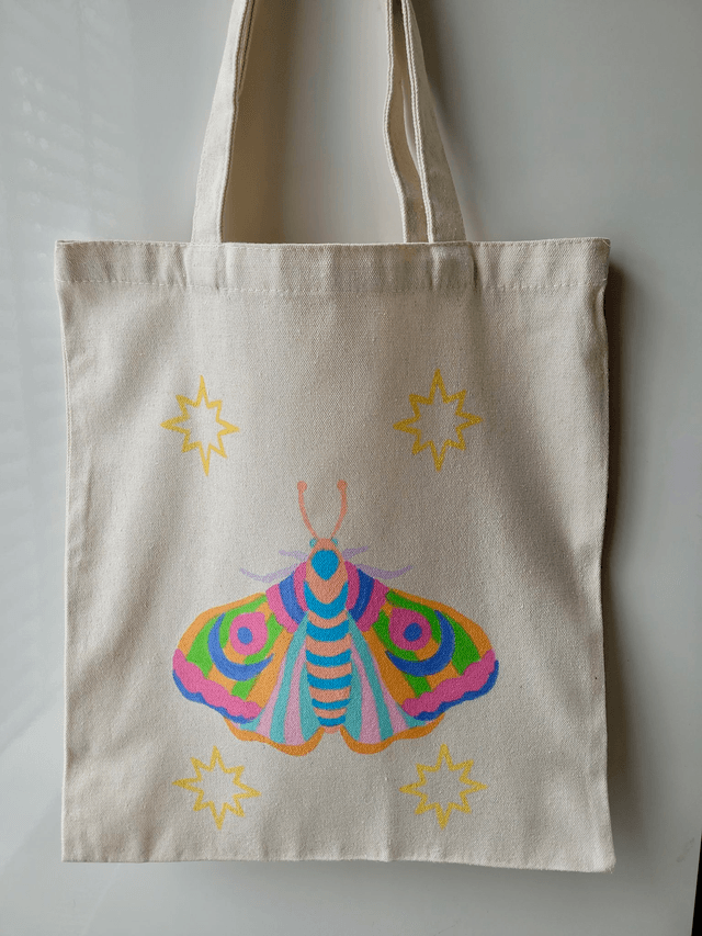 Pastel Moth Beige Tote Bag – Hand-Painted 