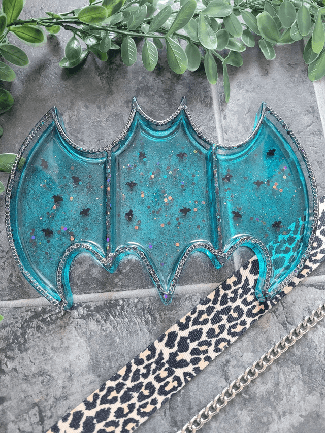 Trinket Tray - Large Bat Shape - Blue with bat charms and silver chain detail