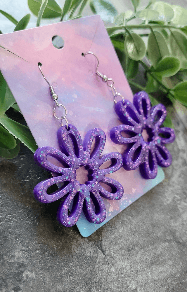 Earrings | Purple Glitter Flowers | Stainless Steel Shepherd Hooks