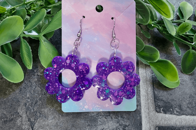 Earrings | Purple Glitter Flowers | Stainless Steel Shepherd Hooks