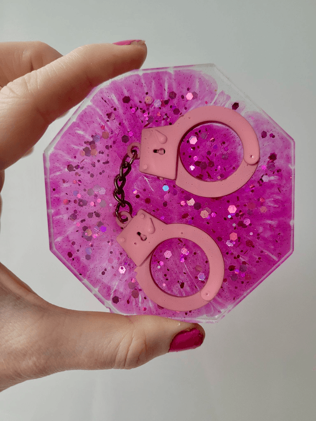 Coaster - Pink Glitter Handcuffs Coaster - Hexagon 