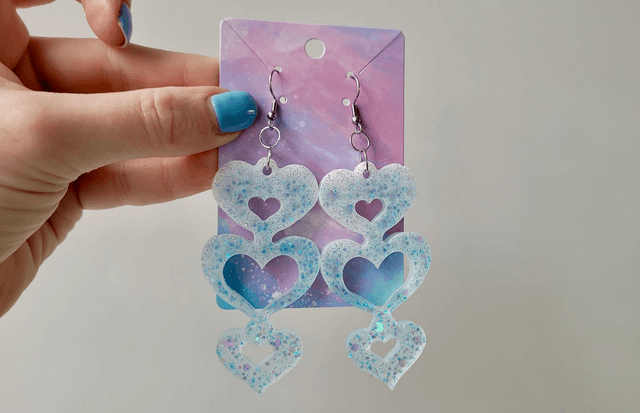 Earrings | Blue-White Glitter Triple Heart Drop | Stainless Steel Hooks