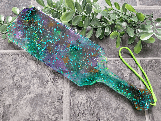 Handmade Resin Paddle – Green Purple Glitter Swirl with Neon Strap | Alt Decor or Kinky Gift