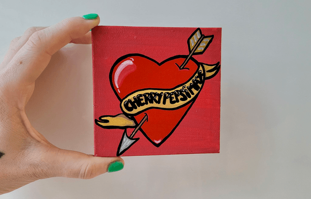 Original Mini Canvas Painting – Cherry Pepsi Max Tattoo Heart & Arrow with Scroll