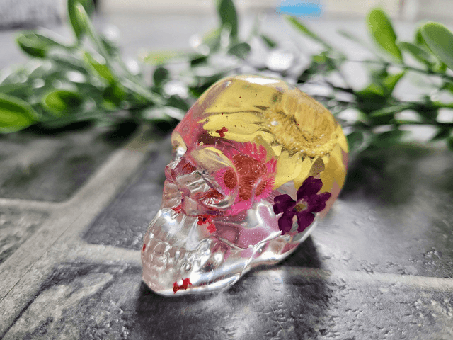 Skull Ornament - Medium -  Clear with Dried Flowers - Pinks and Yellow