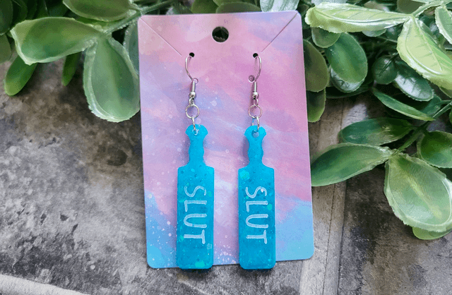 Earrings | SLUT Paddle Earrings Teal Blue Glitter | Stainless Steel Hooks