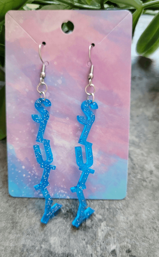 Earrings- Blue Glitter SLUTTY Earrings | Stainless Steel Hooks
