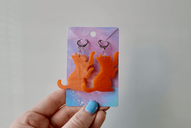 Earrings | Orange Glitter Ginger Cats Reaching | Cat Stainless Steel Hoops or Hooks