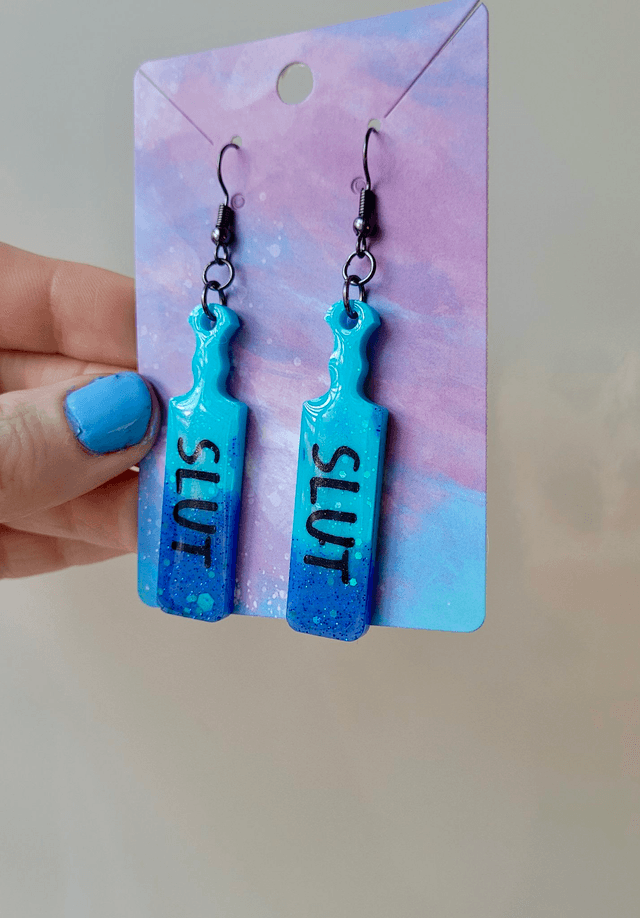 Earrings | SLUT Blue Glitter Dipped Paddle Earrings | Stainless Steel Gunmetal Hooks