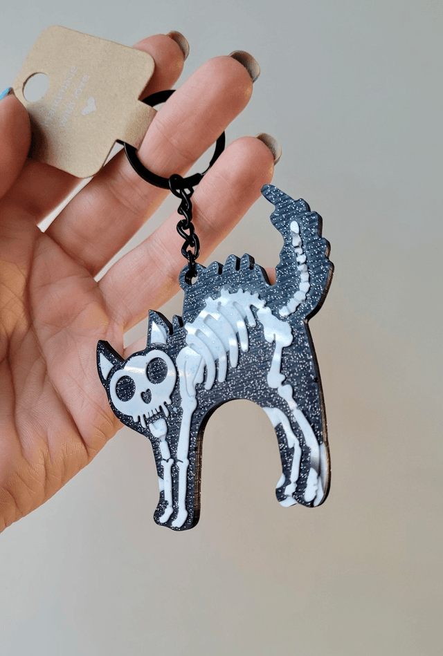 Black & White Glitter Skeleton Cat Keychain - Hellcat Keyring