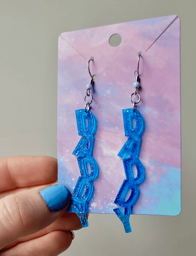 Earrings | DADDY - Blue with Silver Glitter | Stainless Steel Hooks