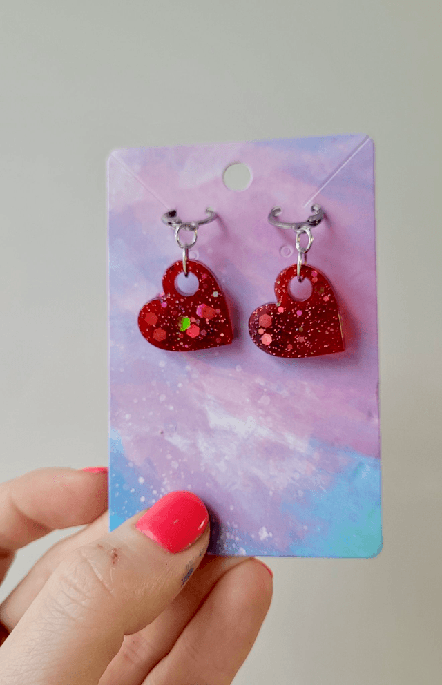 Earrings | Dark Wine Red Glitter Hearts | Stainless Steel Hoops or Hooks