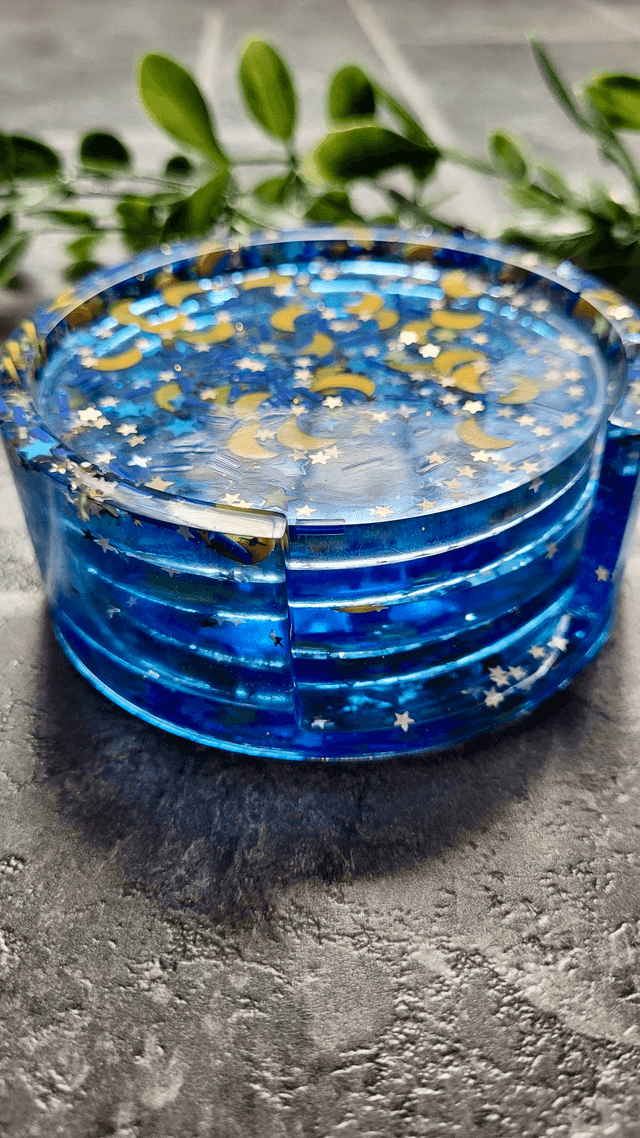Coasters Set of 4 with Holder - Blue Moon & Star Glitter