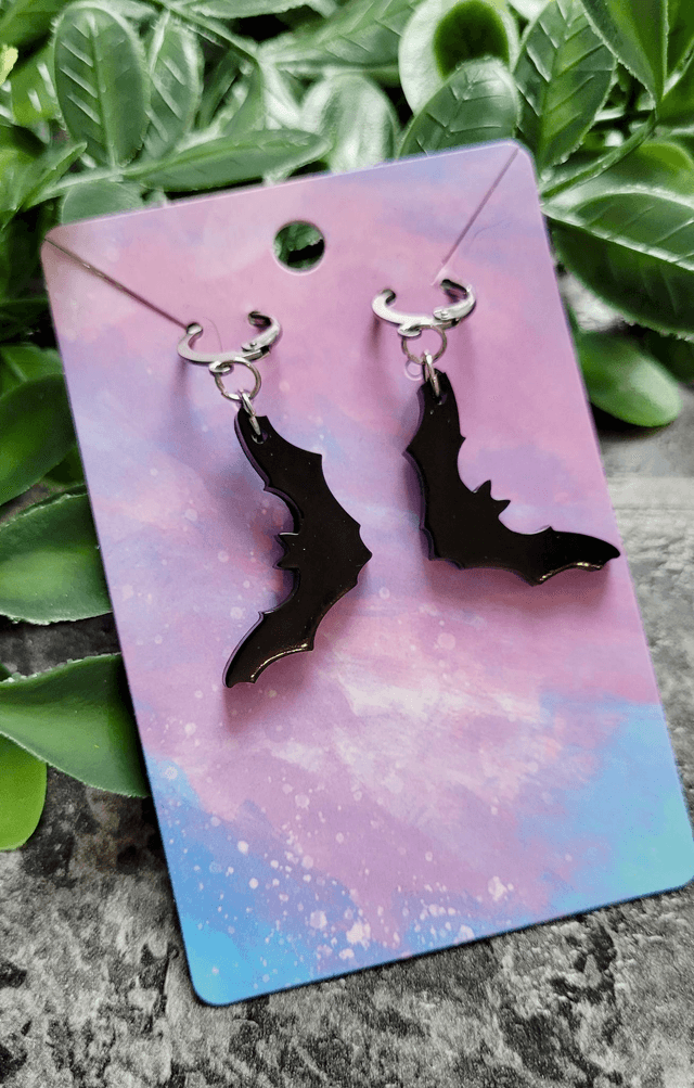 Earrings | Glossy Black Bats - Various Designs | Stainless Steel Hoops