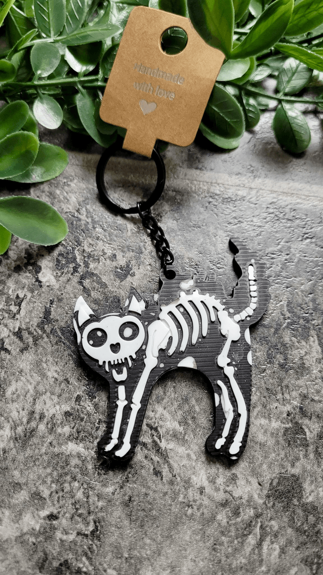 Black & White Glitter Skeleton Cat Keychain - Hellcat Keyring (1)