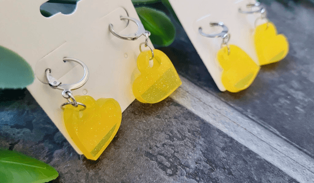 Earrings | Zesty Lemon Yellow Glitter Hearts | Stainless Steel Hoops