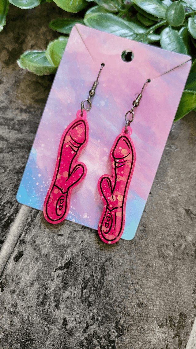 Earrings | Bright Pink Glitter Rabbit Vibrator Earrings | Stainless Steel Hooks