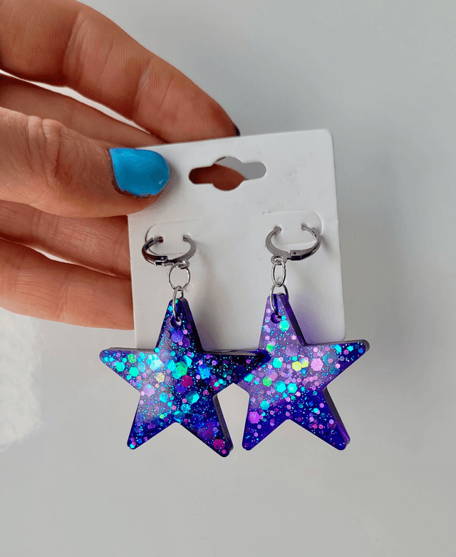Earrings | Purple Glitter Stars | Stainless Steel Hoops