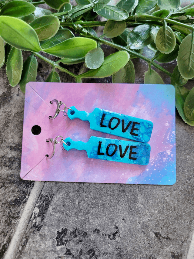 Earrings | Blue Glitter  Tye Die LOVE Paddle Earrings | Stainless Steel Leverback Hoops