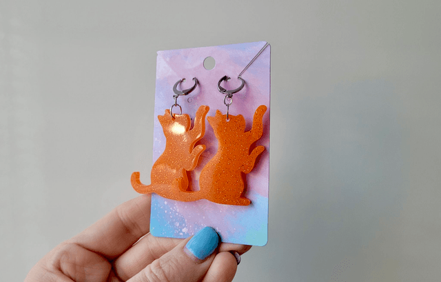 Earrings | Orange Glitter Ginger Cats Reaching | Cat Stainless Steel Hoops or Hooks