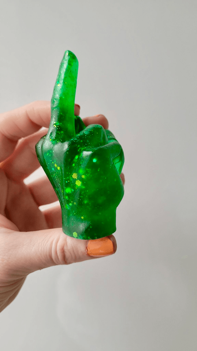 Middle Finger Hand Ornament – Green Glitter 