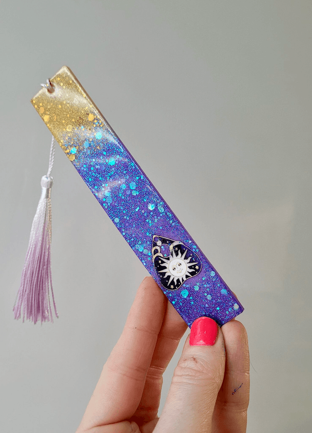 Purple & Gold Celestial Sun Planchette Glitter Bookmark with Tassel