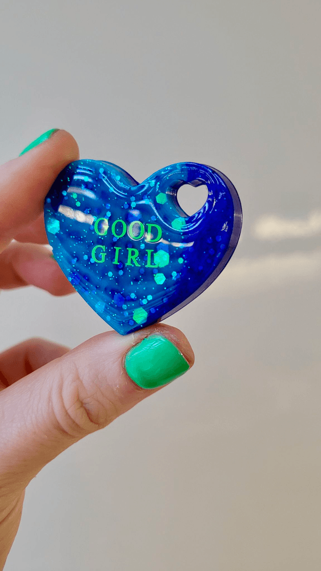 GOOD GIRL Blue Glitter Swirl Heart Resin Pin Badge