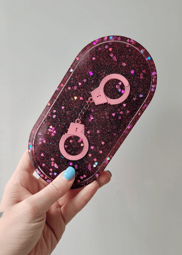 Trinket Tray - Pink Glitter Hearts and Handcuffs