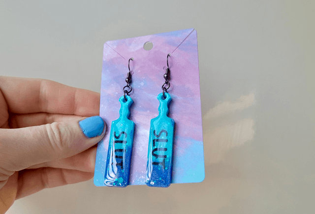 Earrings | SLUT Blue Glitter Dipped Paddle Earrings | Stainless Steel Gunmetal Hooks