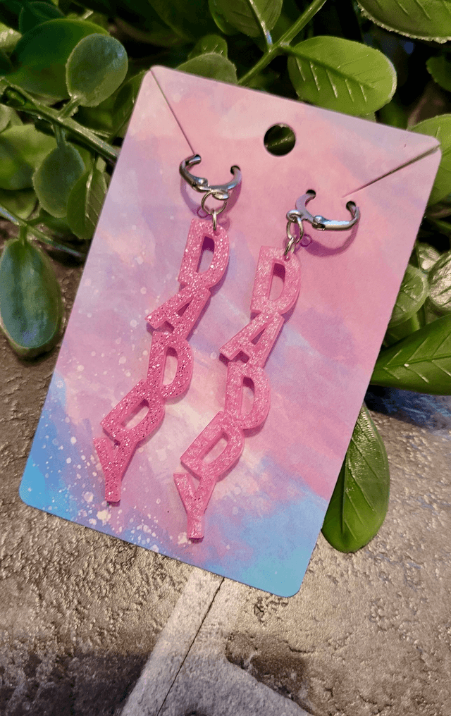 Earrings | DADDY - Light Pink Glitter | Stainless Steel Lever back Hoops