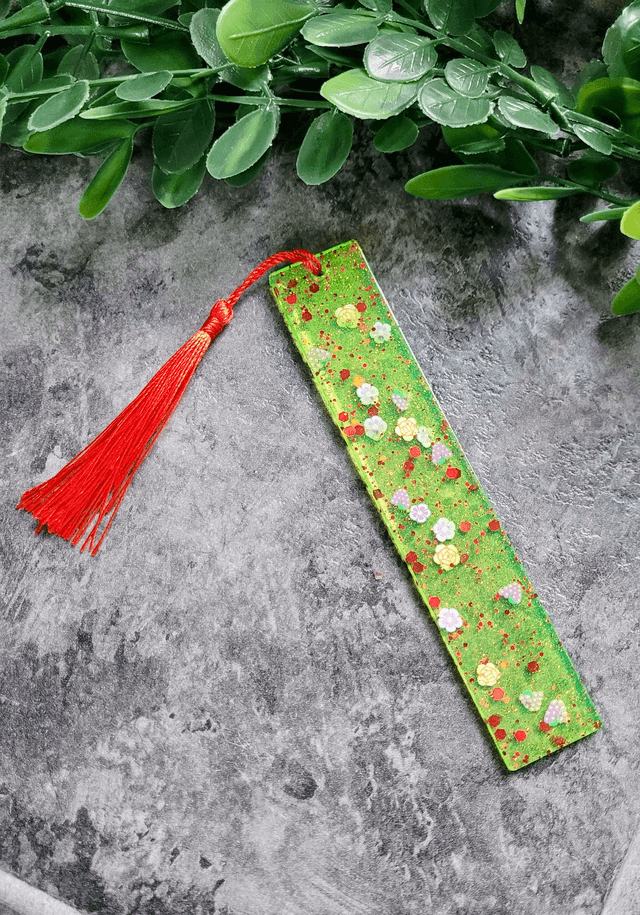 Flower and Fruit Green Glitter Bookmark with Red Glitter and Tassle