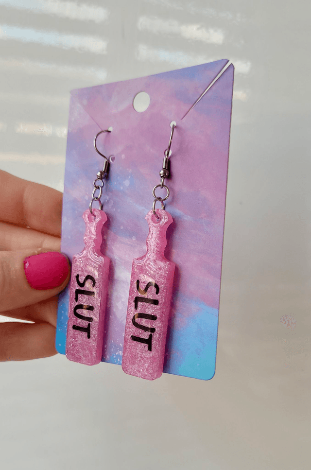 Earrings | SLUT Paddle Earrings Light Pink Glitter | Stainless Steel Hooks