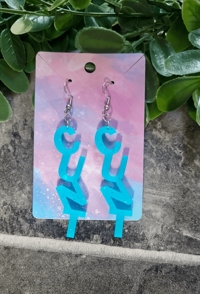Earrings- CUNT Earrings - Sweary Teal Blue Glitter | Stainless Steel Hooks
